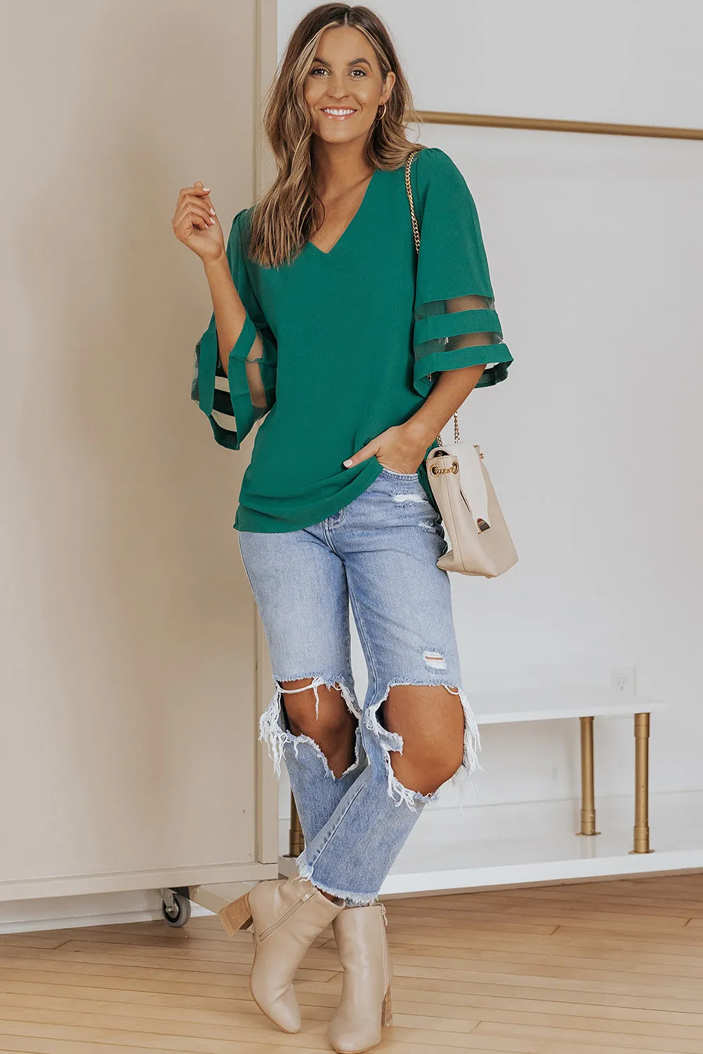 Green Flare Sleeve V Neck Loose Blouse