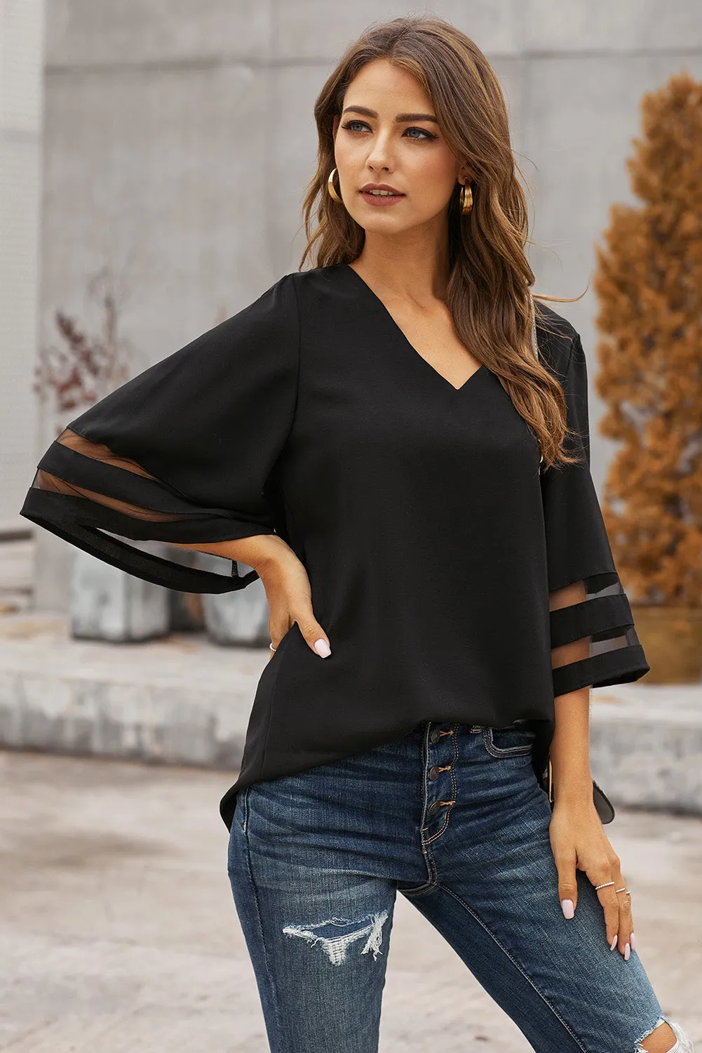 Green Flare Sleeve V Neck Loose Blouse