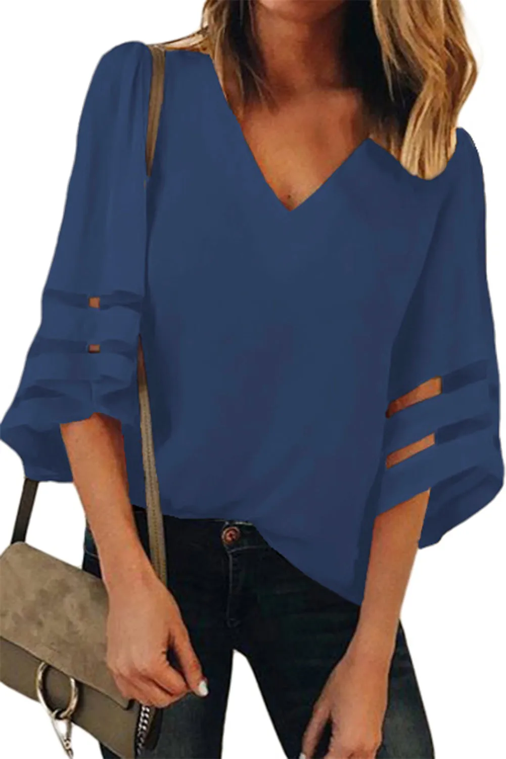 Green Flare Sleeve V Neck Loose Blouse