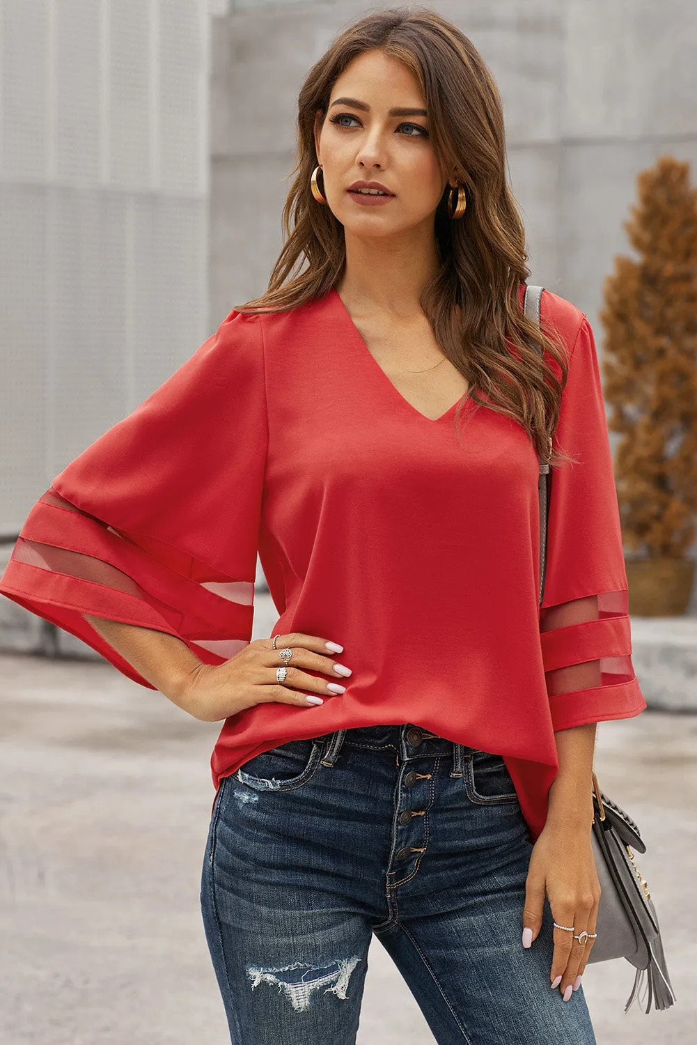 Green Flare Sleeve V Neck Loose Blouse