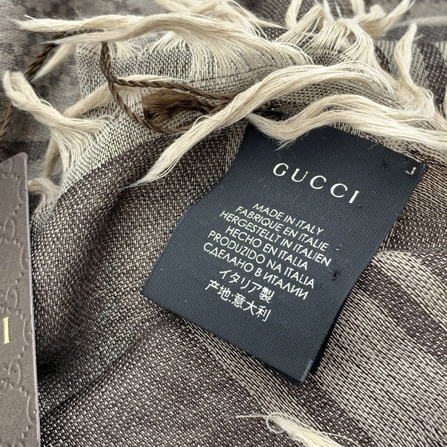 Gucci Brown Beige Wool Silk GG Guccissima Survive Scarf Shawl Wrap