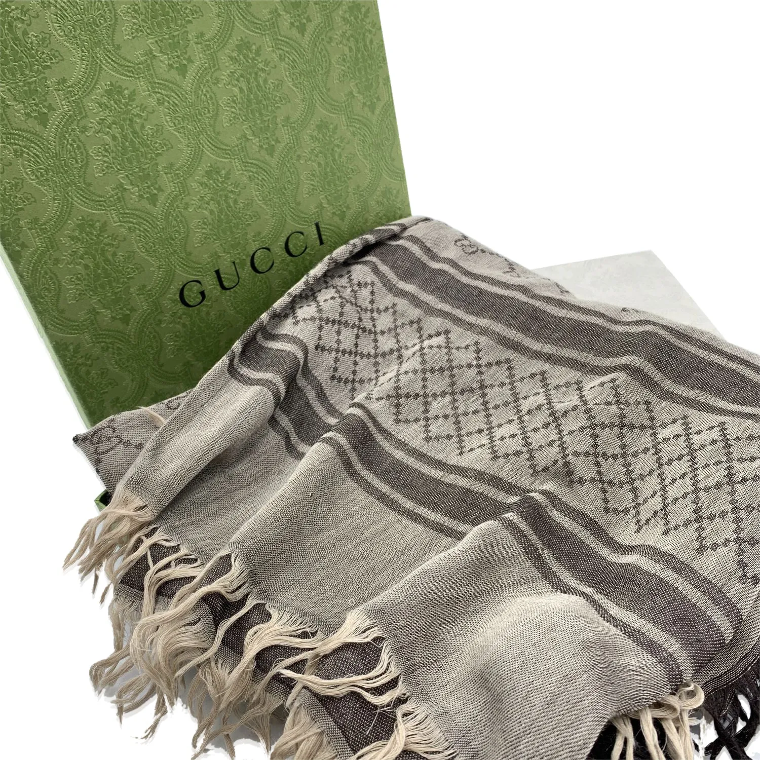 Gucci Brown Beige Wool Silk GG Guccissima Survive Scarf Shawl Wrap