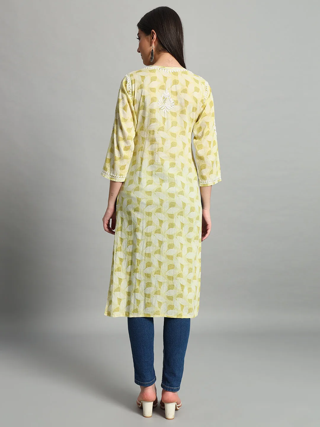 Handikraft Chikankari Kurta for Women Cotton Printed & Embroidered Straight Kurti Pale Goldenrod