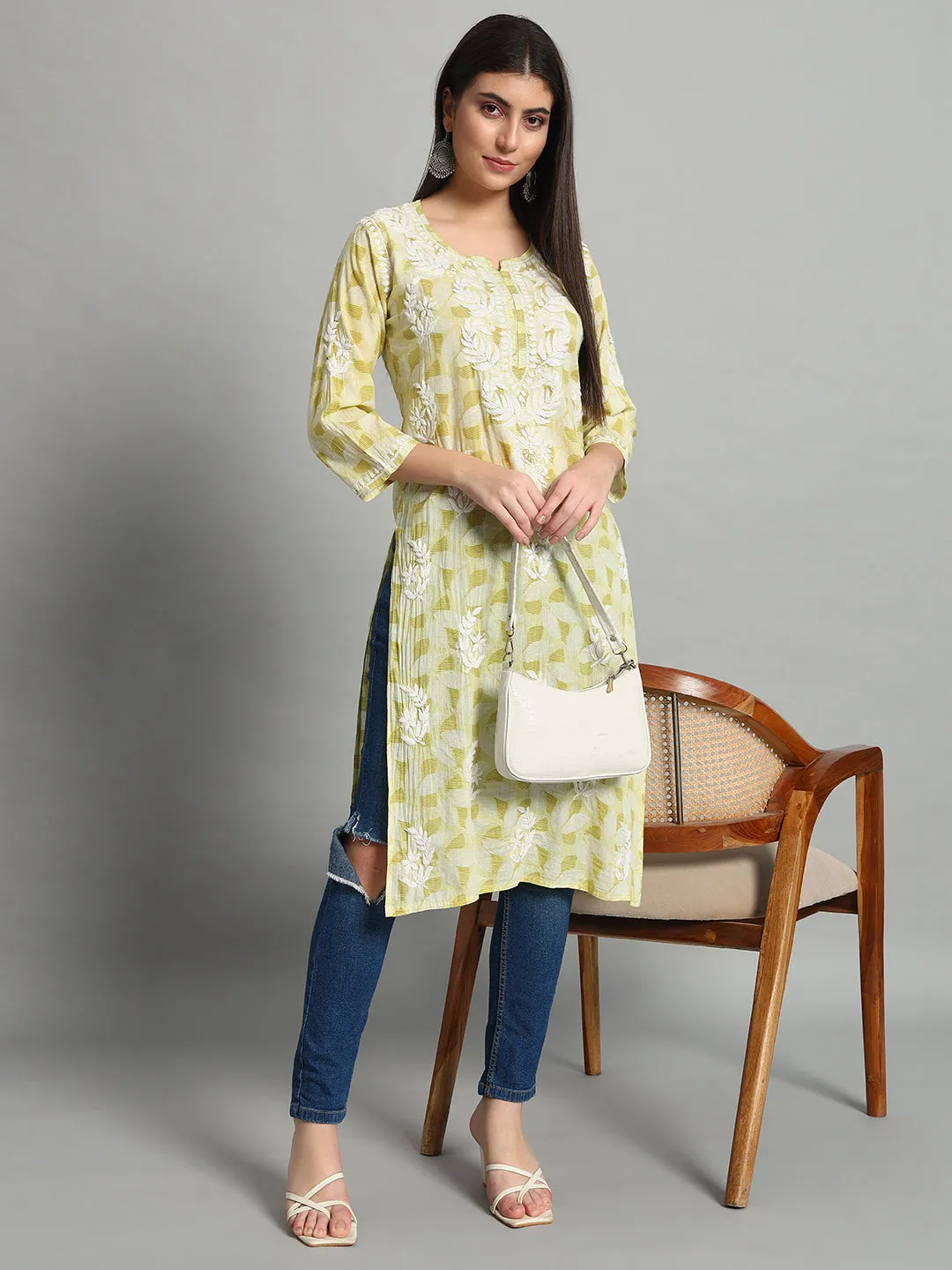 Handikraft Chikankari Kurta for Women Cotton Printed & Embroidered Straight Kurti Pale Goldenrod