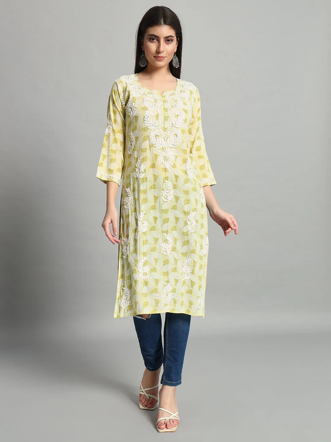 Handikraft Chikankari Kurta for Women Cotton Printed & Embroidered Straight Kurti Pale Goldenrod