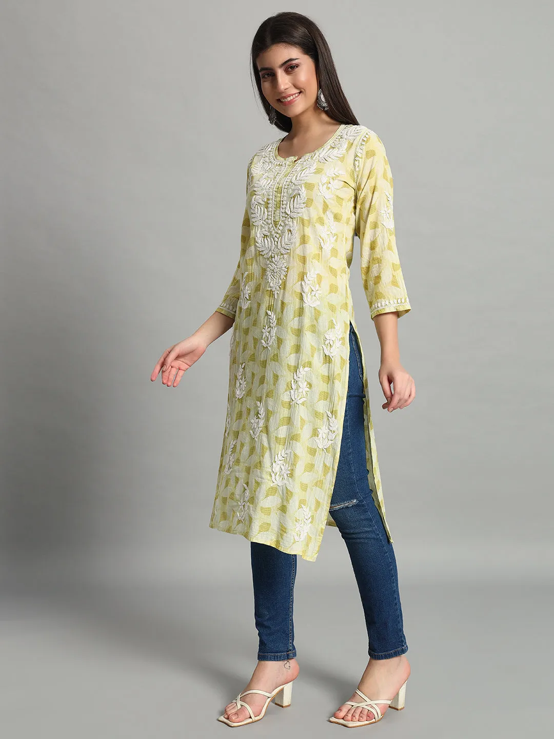 Handikraft Chikankari Kurta for Women Cotton Printed & Embroidered Straight Kurti Pale Goldenrod