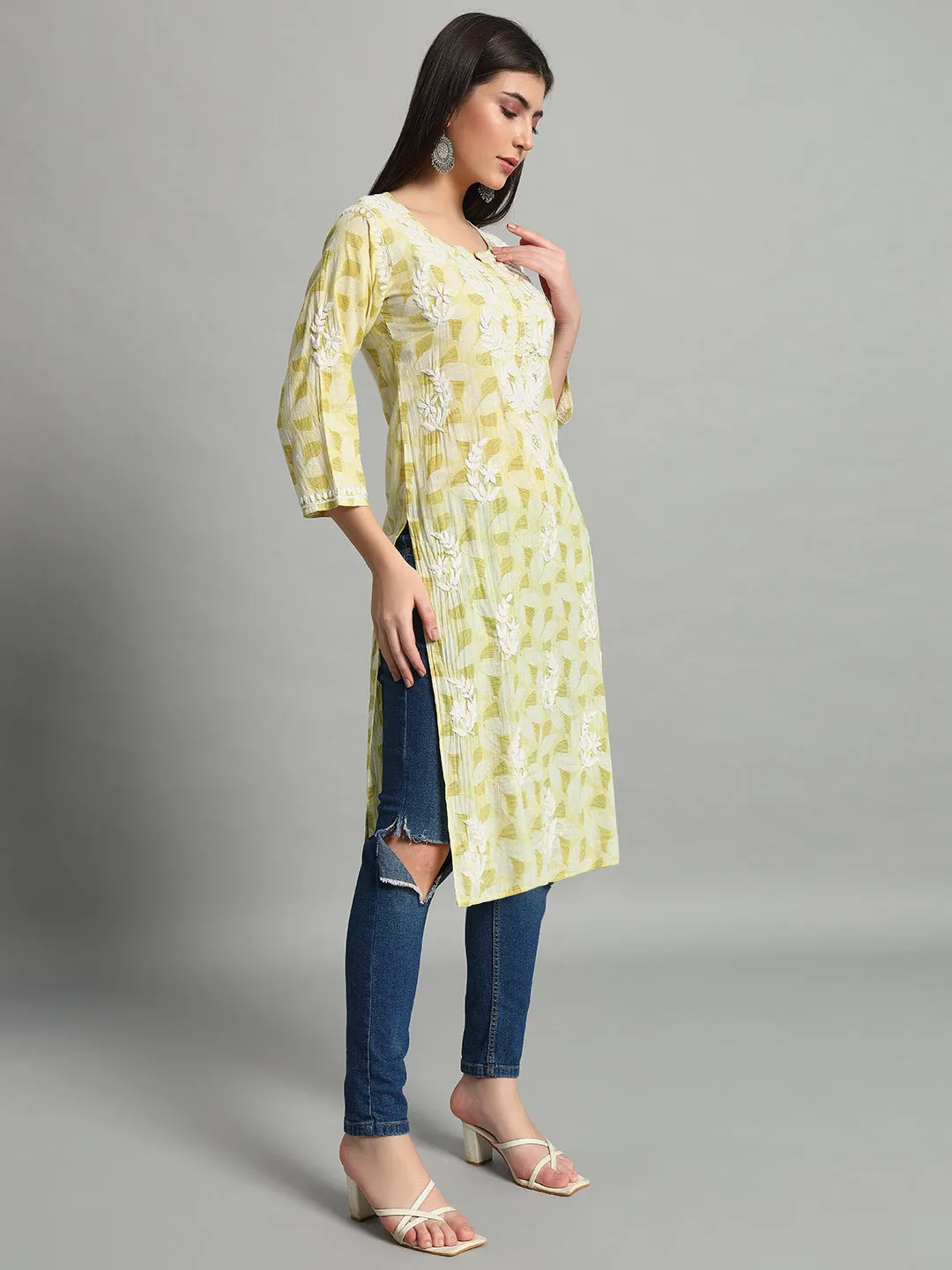 Handikraft Chikankari Kurta for Women Cotton Printed & Embroidered Straight Kurti Pale Goldenrod