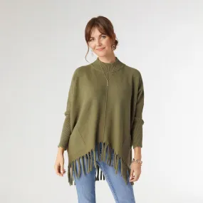 Heavenly-Luxe Flowy Mock Neck Fringe Sweater - Army Green