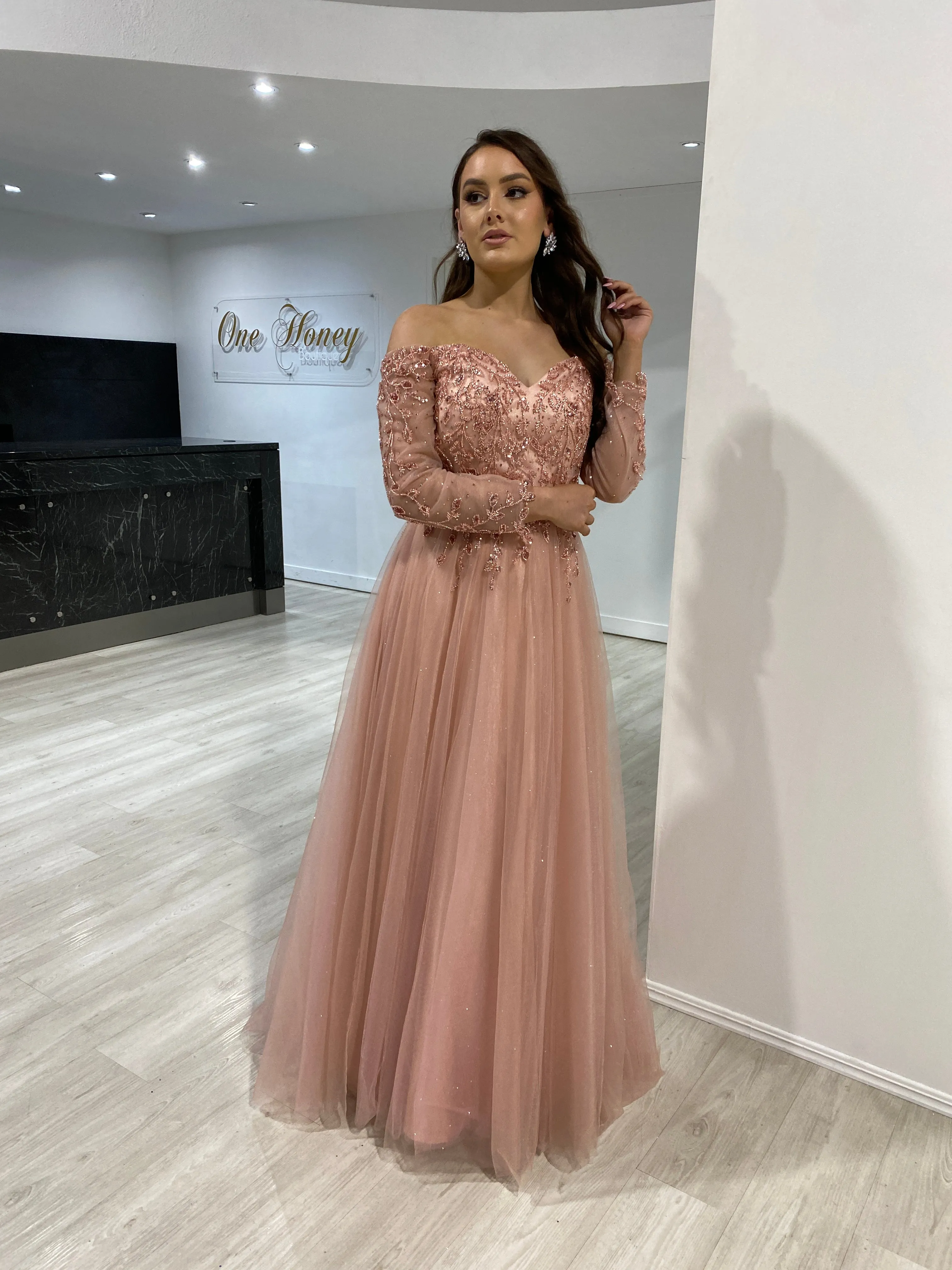 Honey Couture PATRISHA Blush Long Sleeve Beaded Tulle Formal Gown Dress