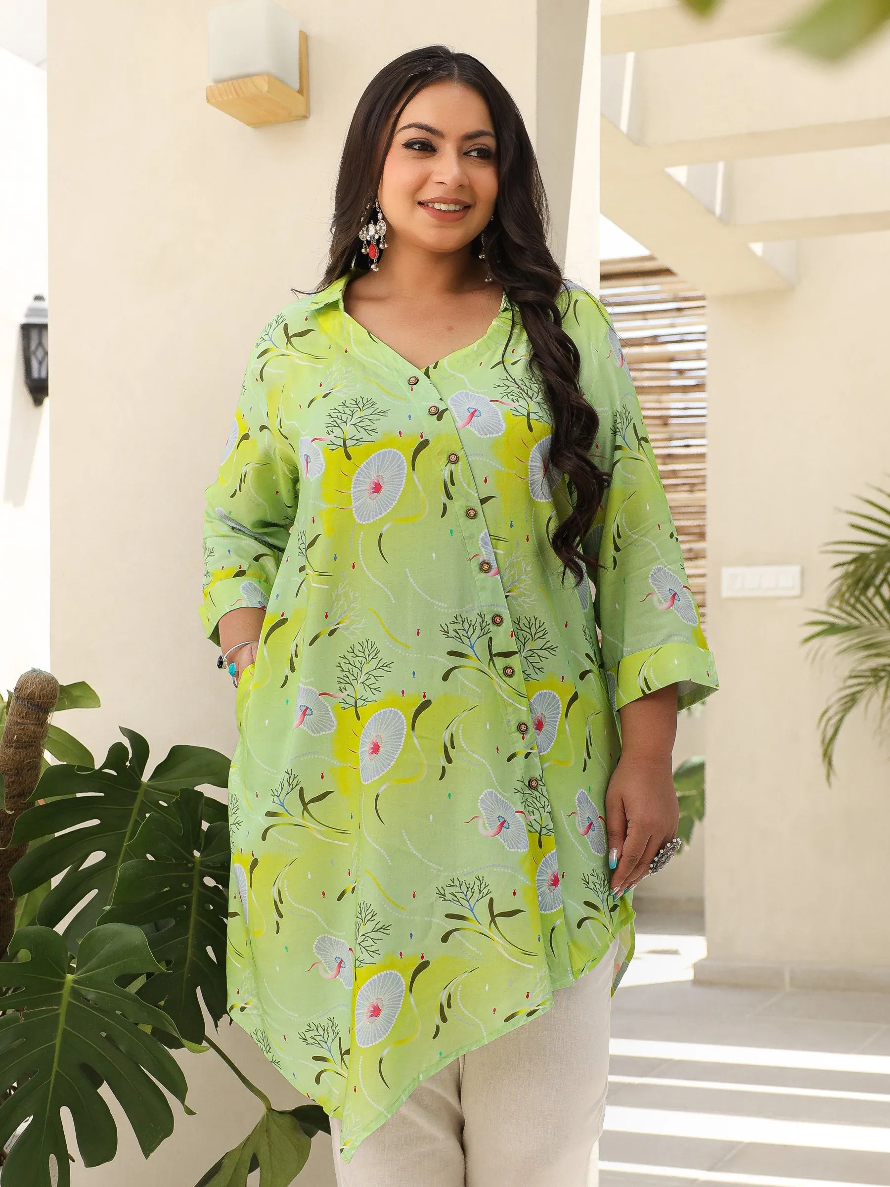 Juniper Lime Green Aquatic Printed Asymmetric Rayon Plus Size Kurta