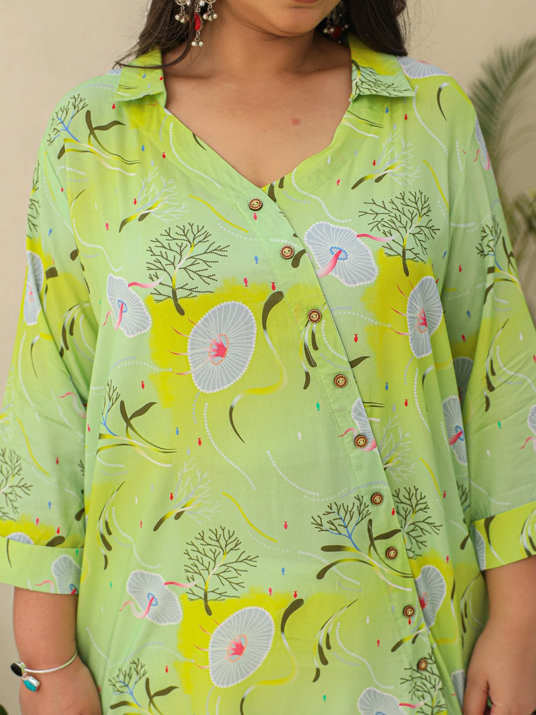 Juniper Lime Green Aquatic Printed Asymmetric Rayon Plus Size Kurta