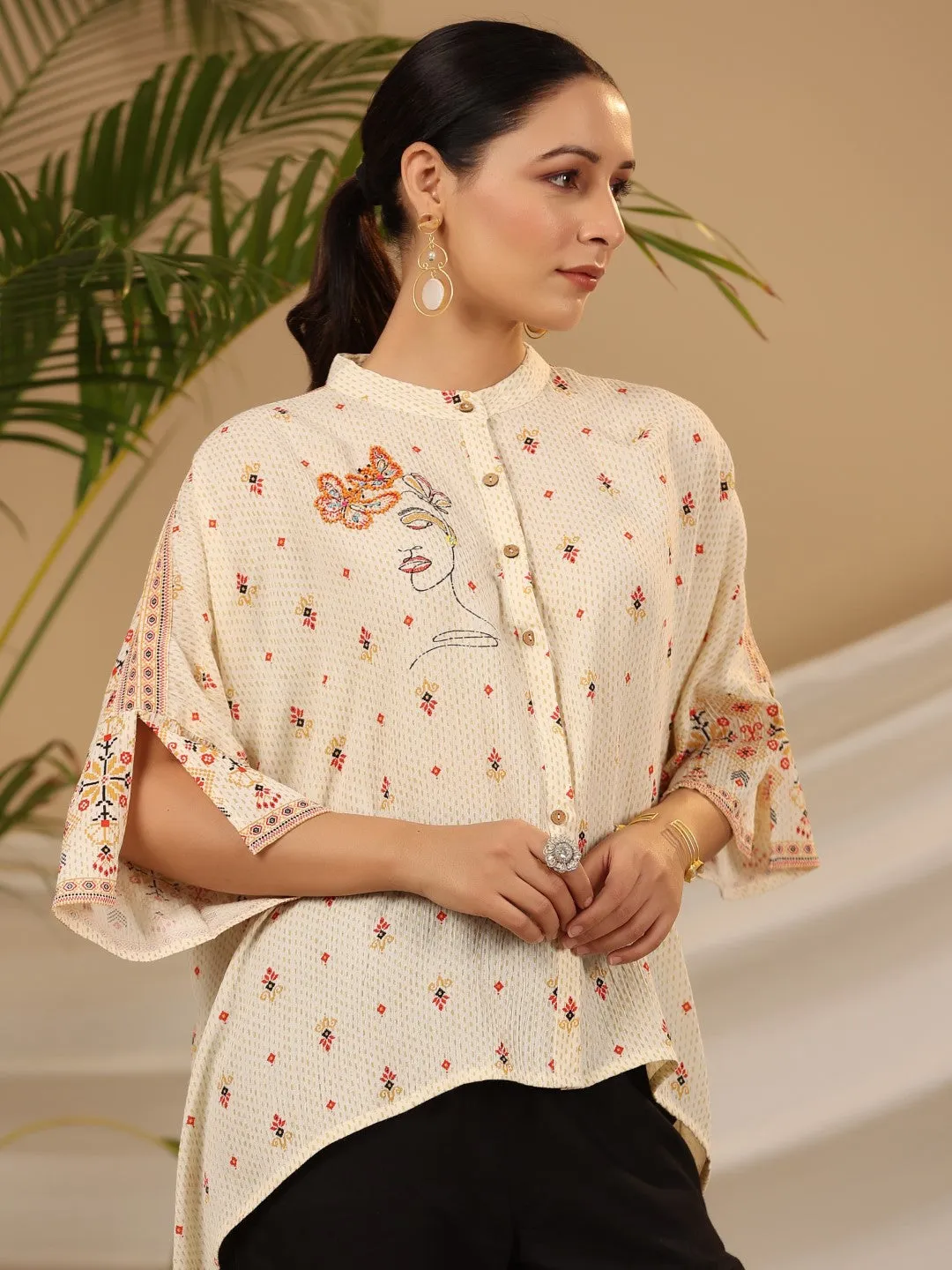 Juniper Off white Geometric Printed Rayon Crepe Shirt Style Tunic With Beads & Sequins Work