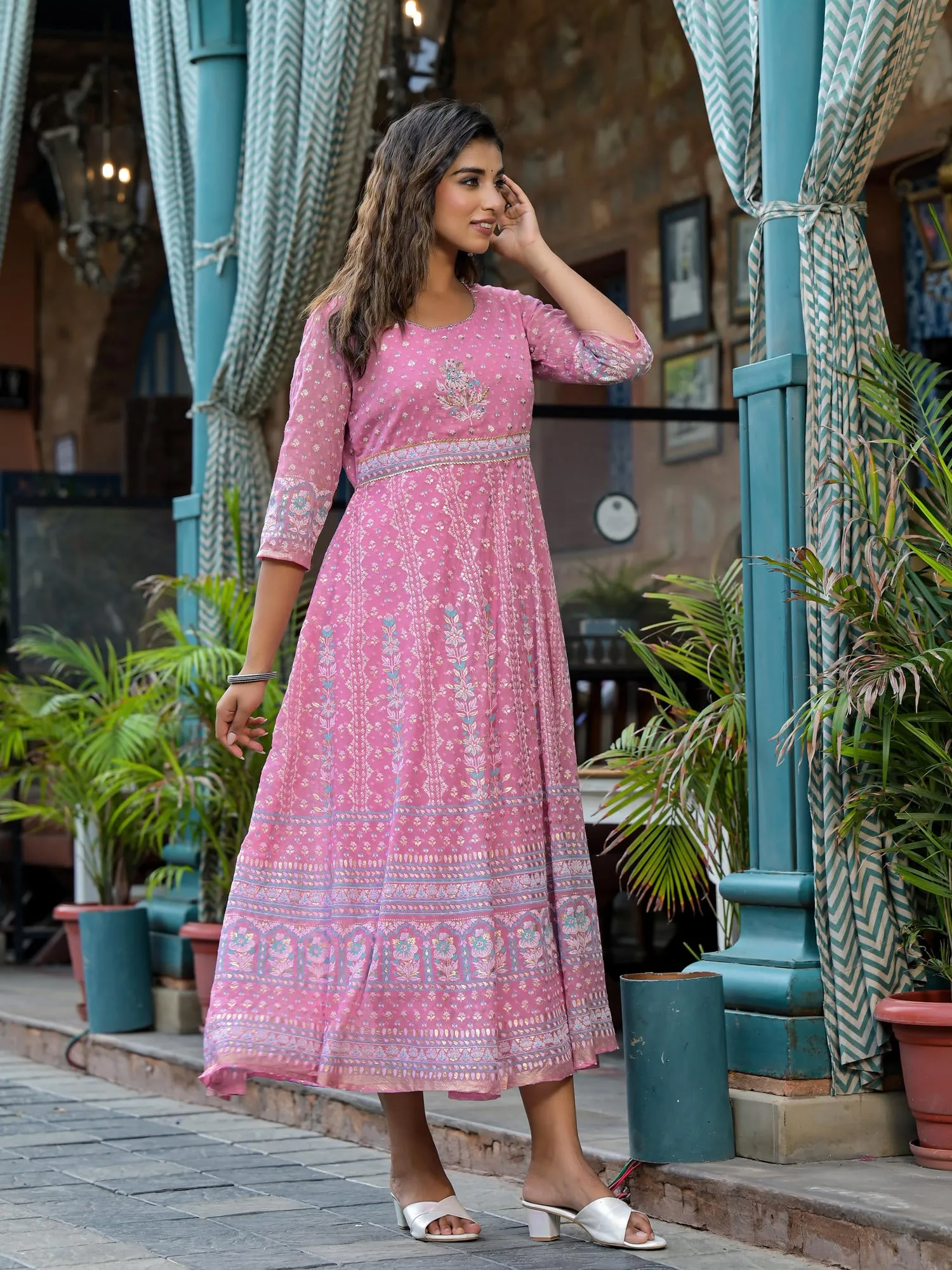 Juniper Pink Ethnic Motif Printed Chiffon Dress With Sequins & Lace Work