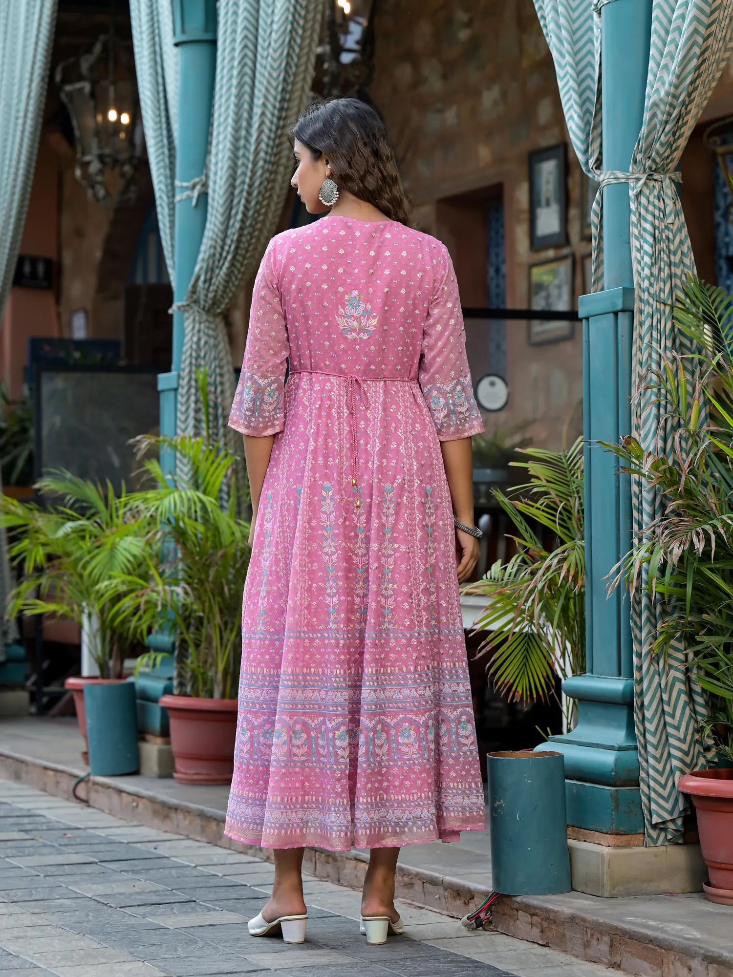 Juniper Pink Ethnic Motif Printed Chiffon Dress With Sequins & Lace Work