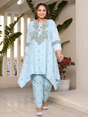 Juniper Rayon Sky Blue Floral Printed A-Line Asymmetric Plus Size Kurta Set With Contrast 3D Work (2-Pcs)