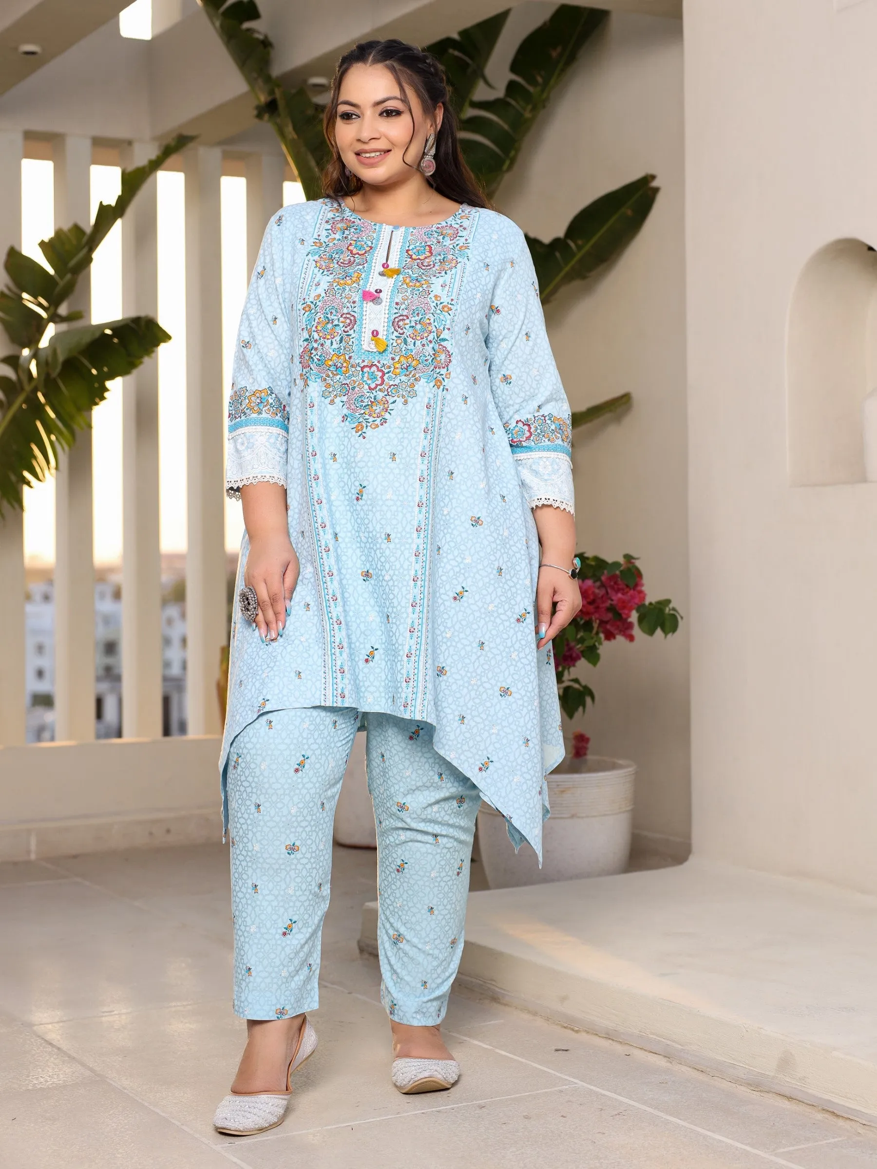 Juniper Rayon Sky Blue Floral Printed A-Line Asymmetric Plus Size Kurta Set With Contrast 3D Work (2-Pcs)