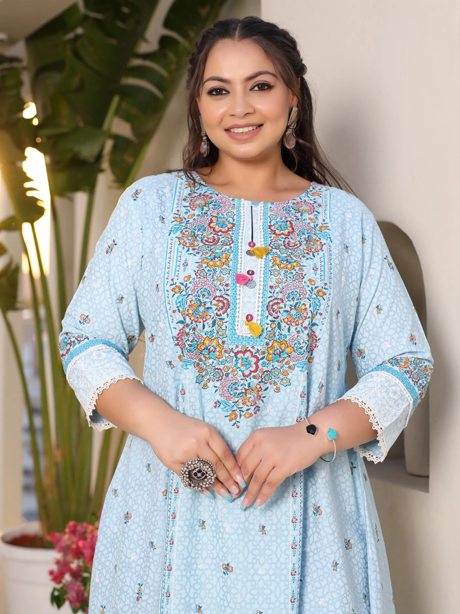 Juniper Rayon Sky Blue Floral Printed A-Line Asymmetric Plus Size Kurta Set With Contrast 3D Work (2-Pcs)