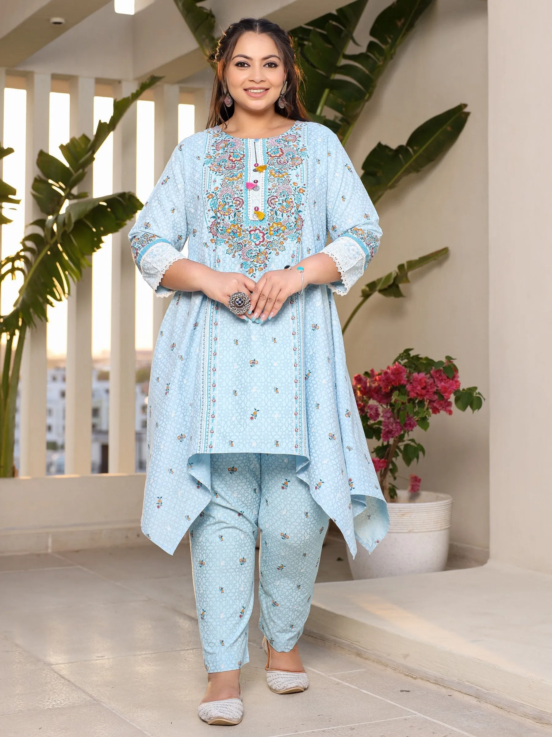 Juniper Rayon Sky Blue Floral Printed A-Line Asymmetric Plus Size Kurta Set With Contrast 3D Work (2-Pcs)