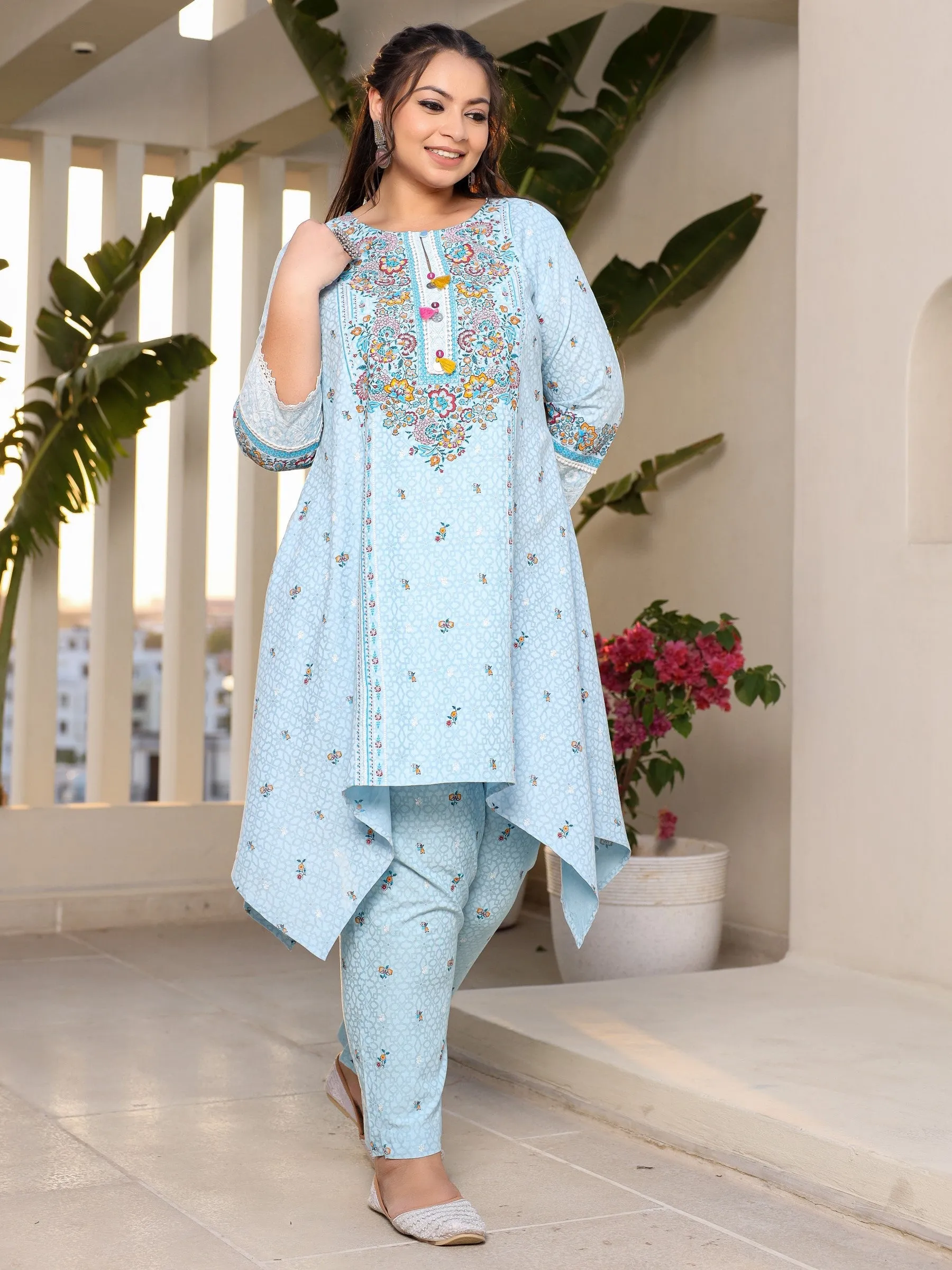 Juniper Rayon Sky Blue Floral Printed A-Line Asymmetric Plus Size Kurta Set With Contrast 3D Work (2-Pcs)