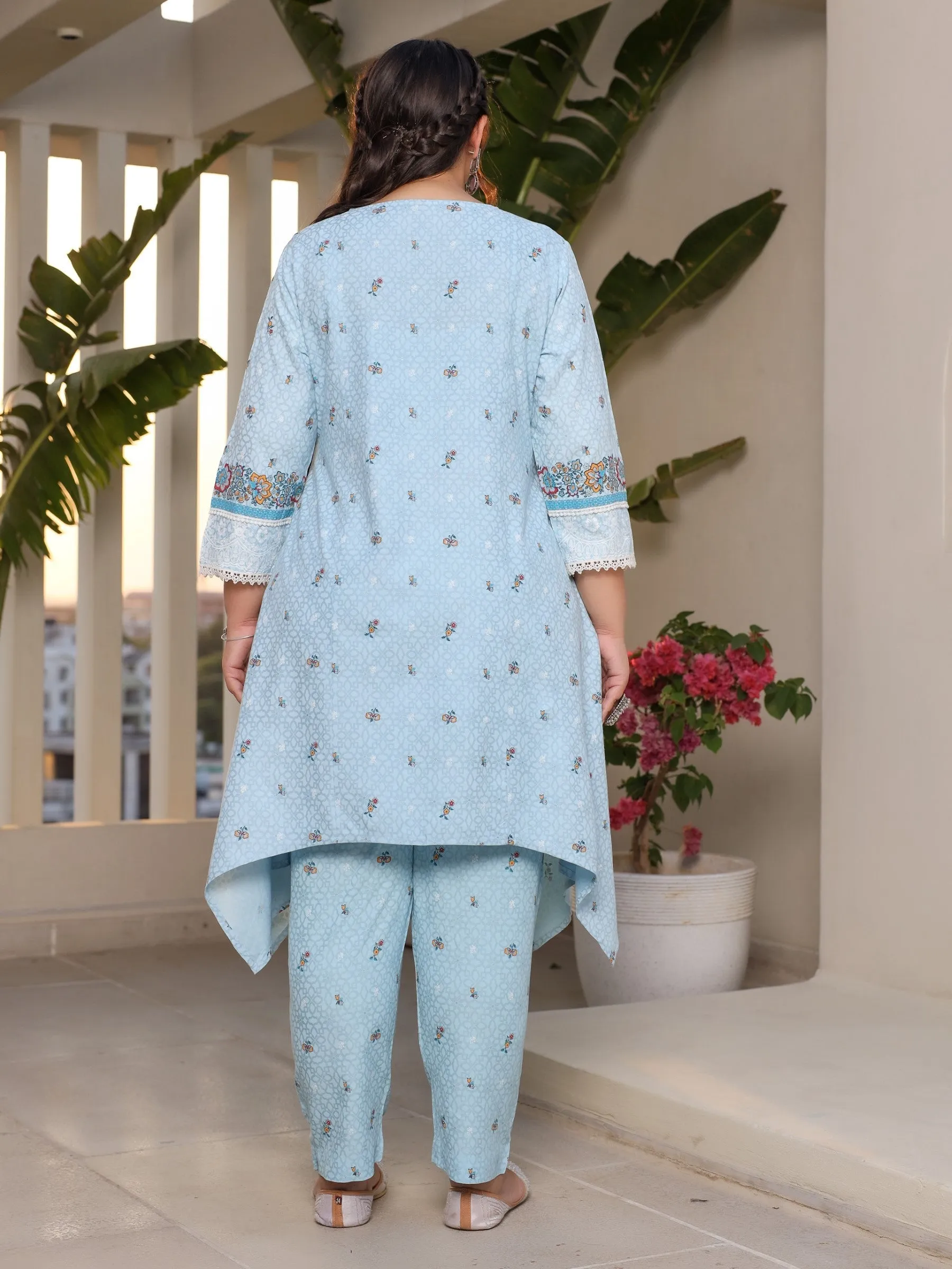 Juniper Rayon Sky Blue Floral Printed A-Line Asymmetric Plus Size Kurta Set With Contrast 3D Work (2-Pcs)