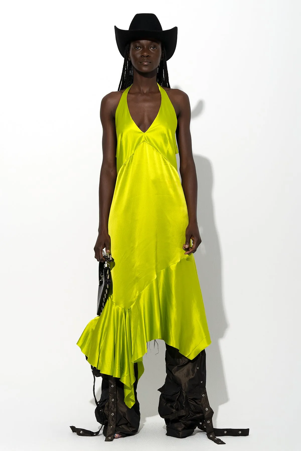 LIME SILK HALTERNECK BACK TIE DRESS