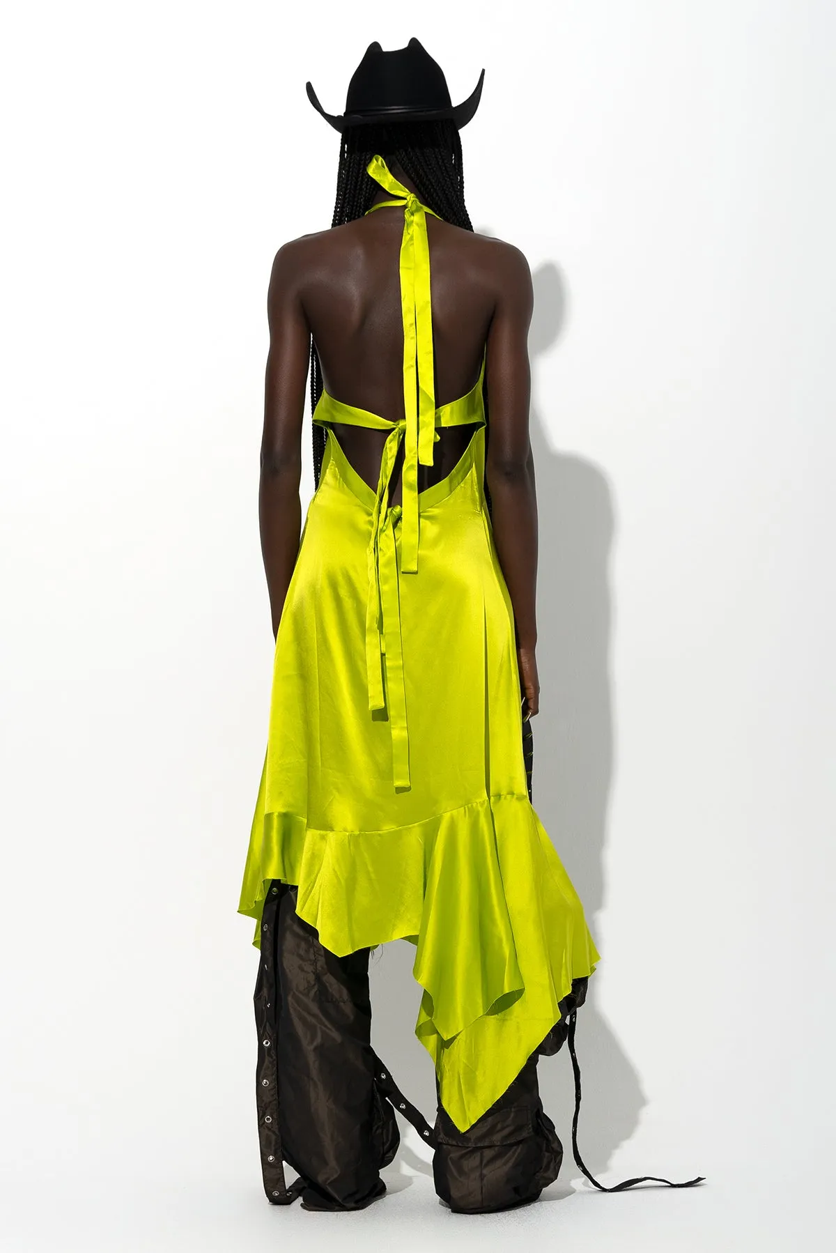 LIME SILK HALTERNECK BACK TIE DRESS