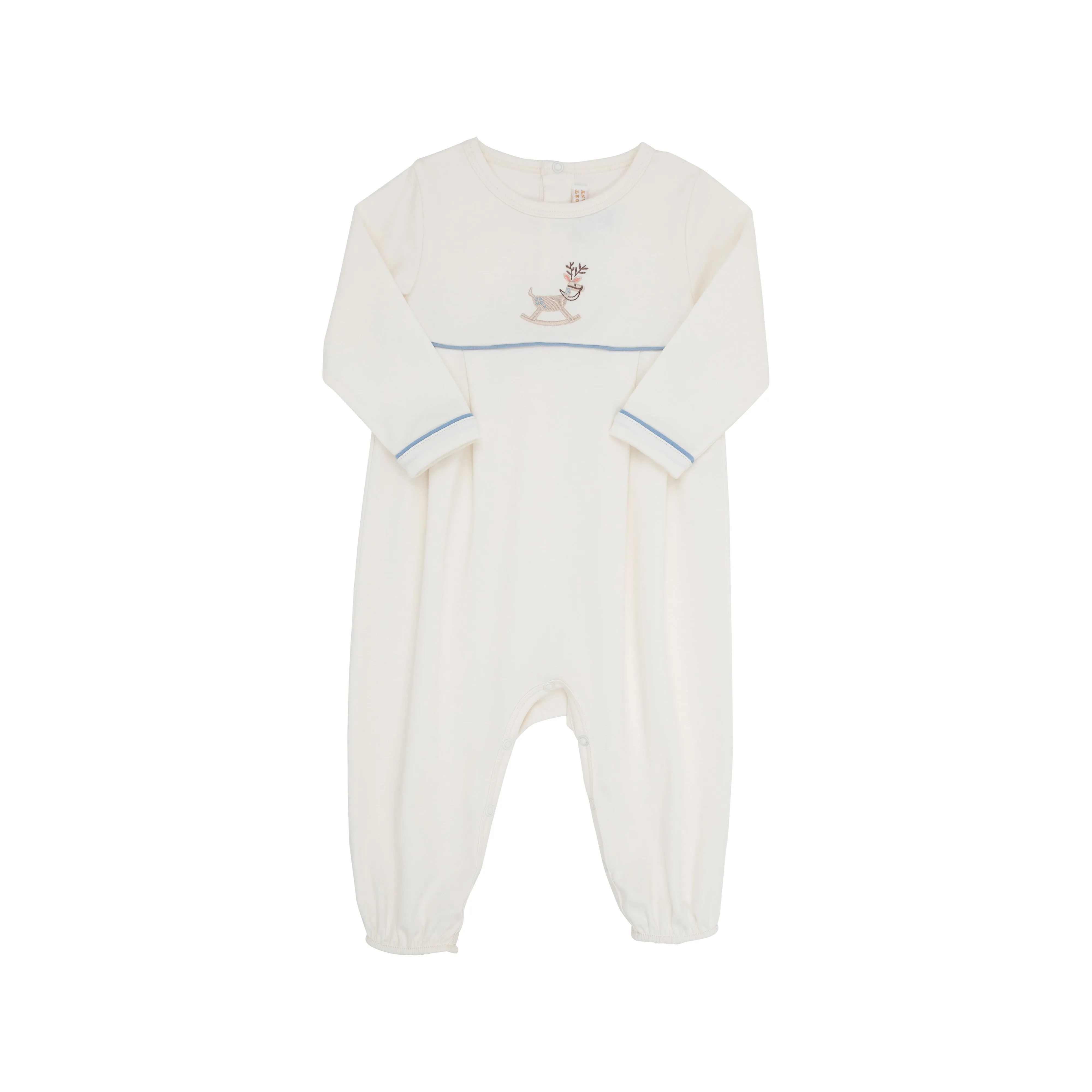 Long Sleeve Bradford Romper - Palmetto Pearl with Barrington Blue & Reindeer Rocking Horse Embroidery