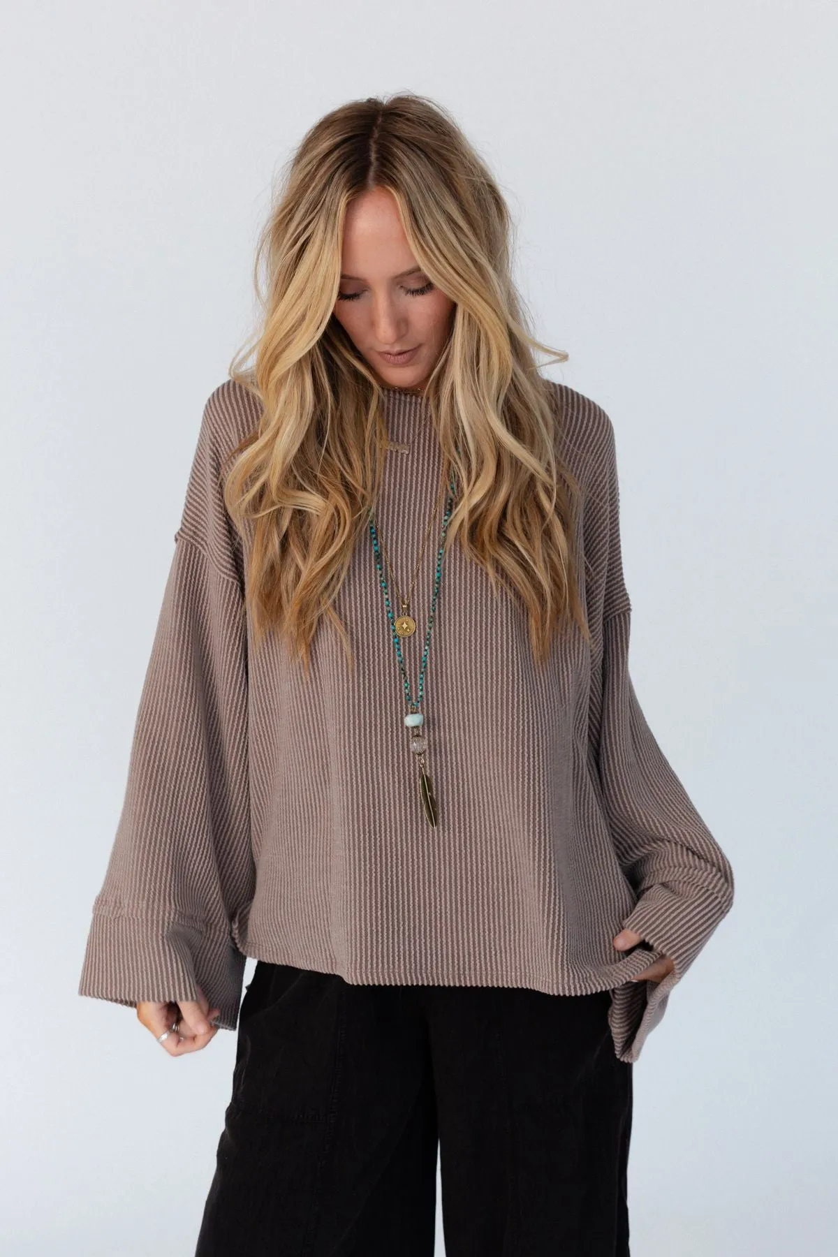 Love It Round Neckline Textured Top - Mocha