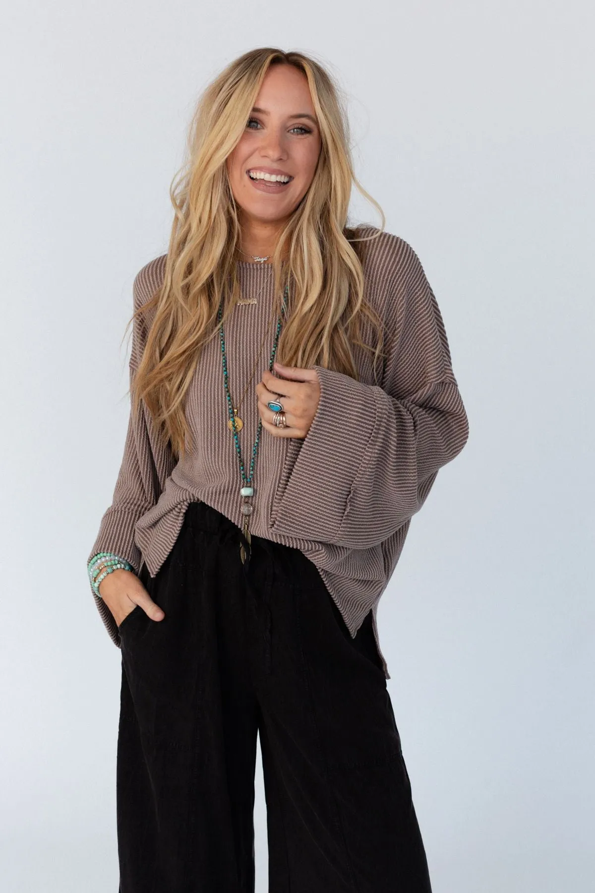 Love It Round Neckline Textured Top - Mocha