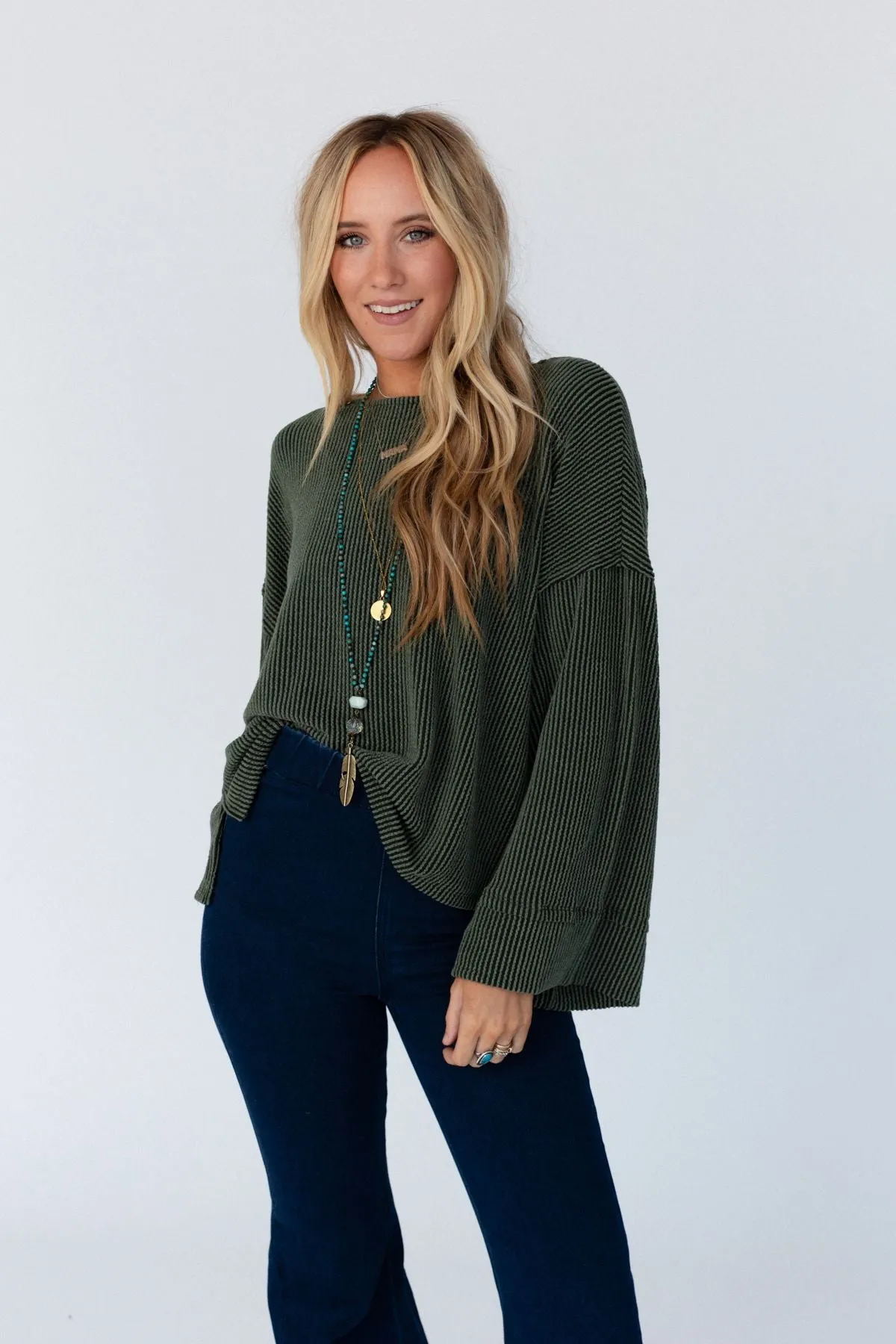 Love It Round Neckline Textured Top - Olive