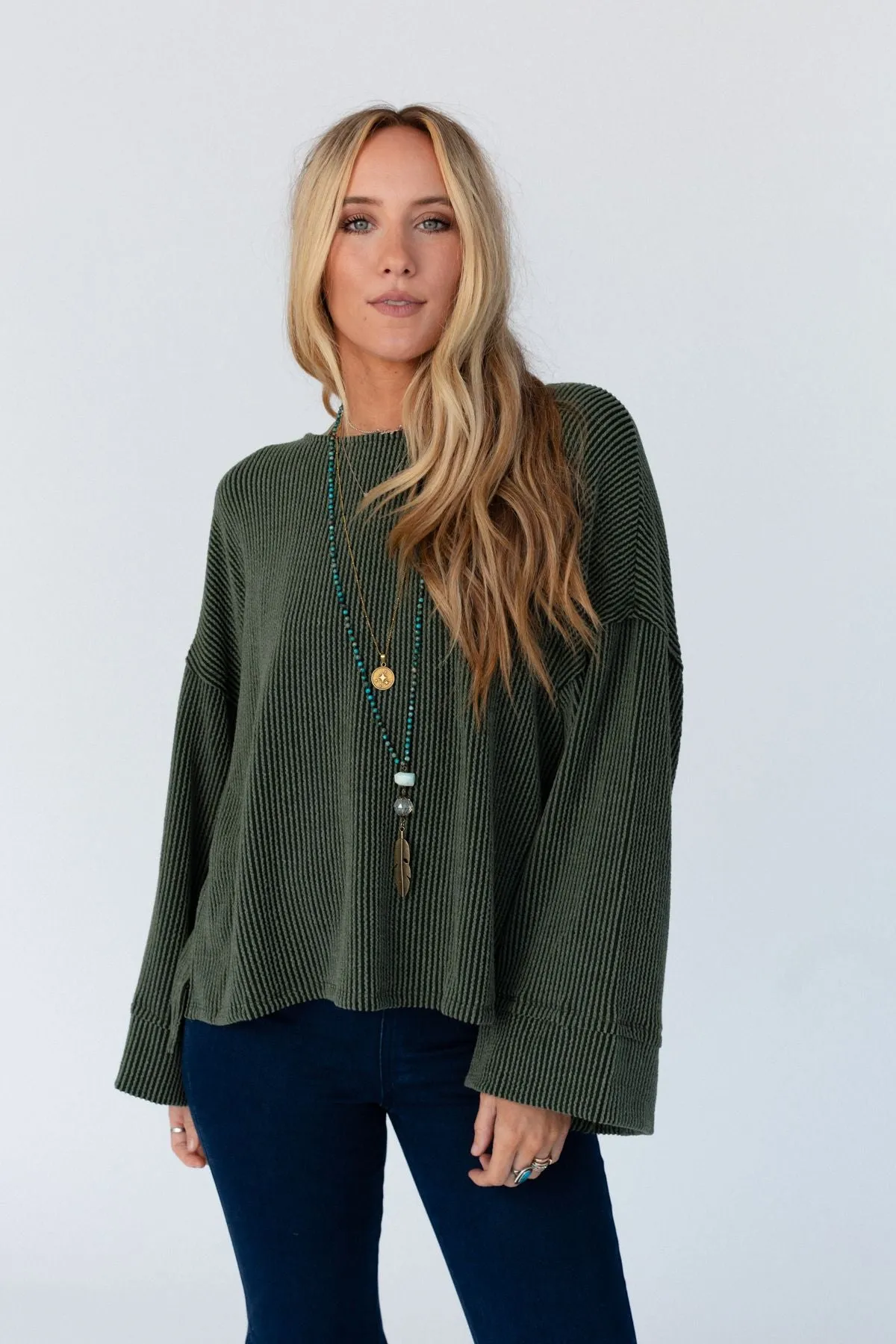 Love It Round Neckline Textured Top - Olive