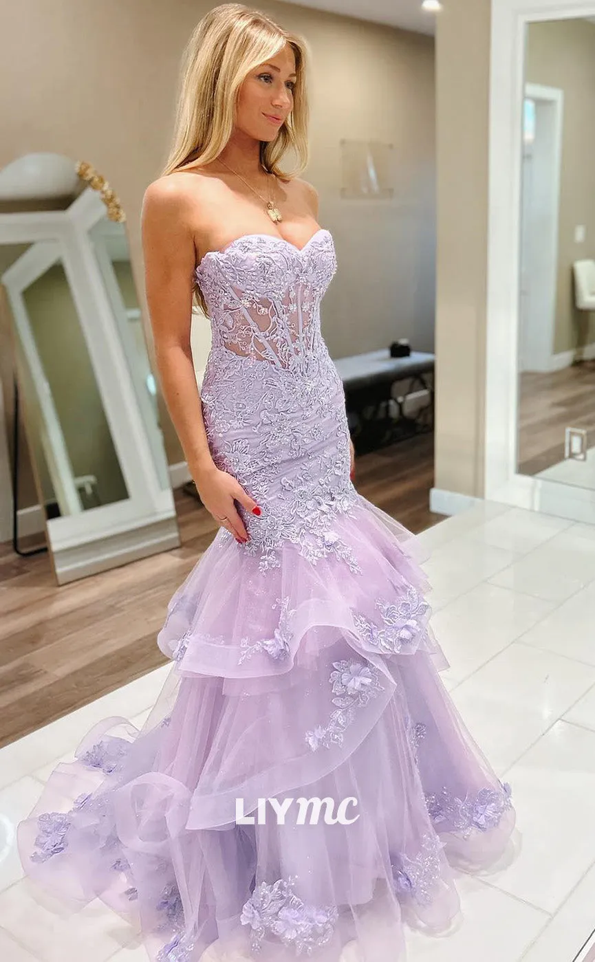 LP1808 - Sweetheart Sleeveless Sheer Floral Appliques Mermaid Prom Dress