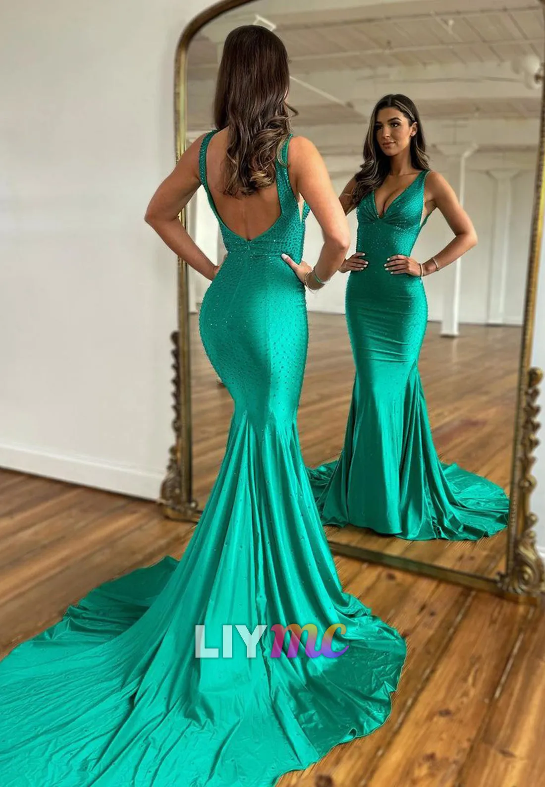 LP2307 - V-Neck Sleeveless Beaded Sleek Satin Mermaid Prom Dress