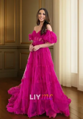 LP2313 - Sweetheart Puff Sleeves Sheer Appliques A-Line Prom Dress