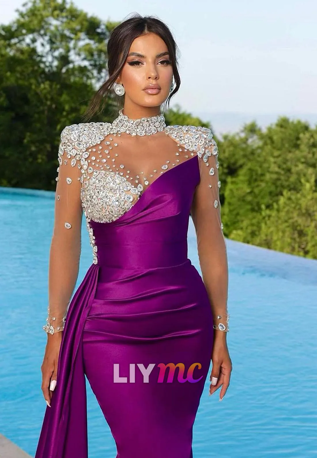 LP2315 - Halter Sheer Sleeves Beaded Sleek Satin Mermaid Prom Dress