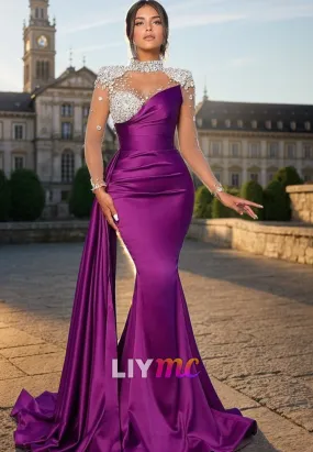 LP2315 - Halter Sheer Sleeves Beaded Sleek Satin Mermaid Prom Dress