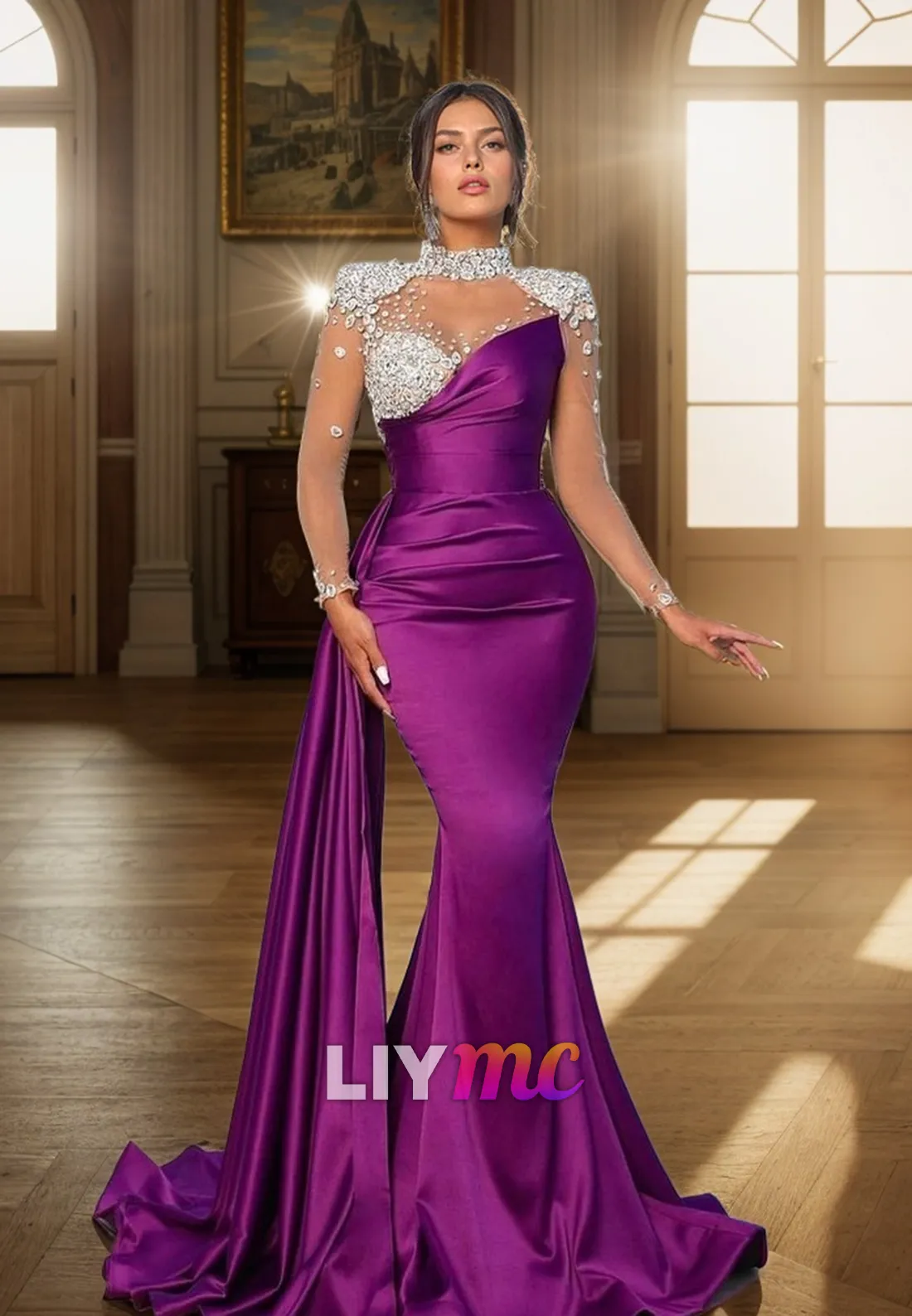 LP2315 - Halter Sheer Sleeves Beaded Sleek Satin Mermaid Prom Dress