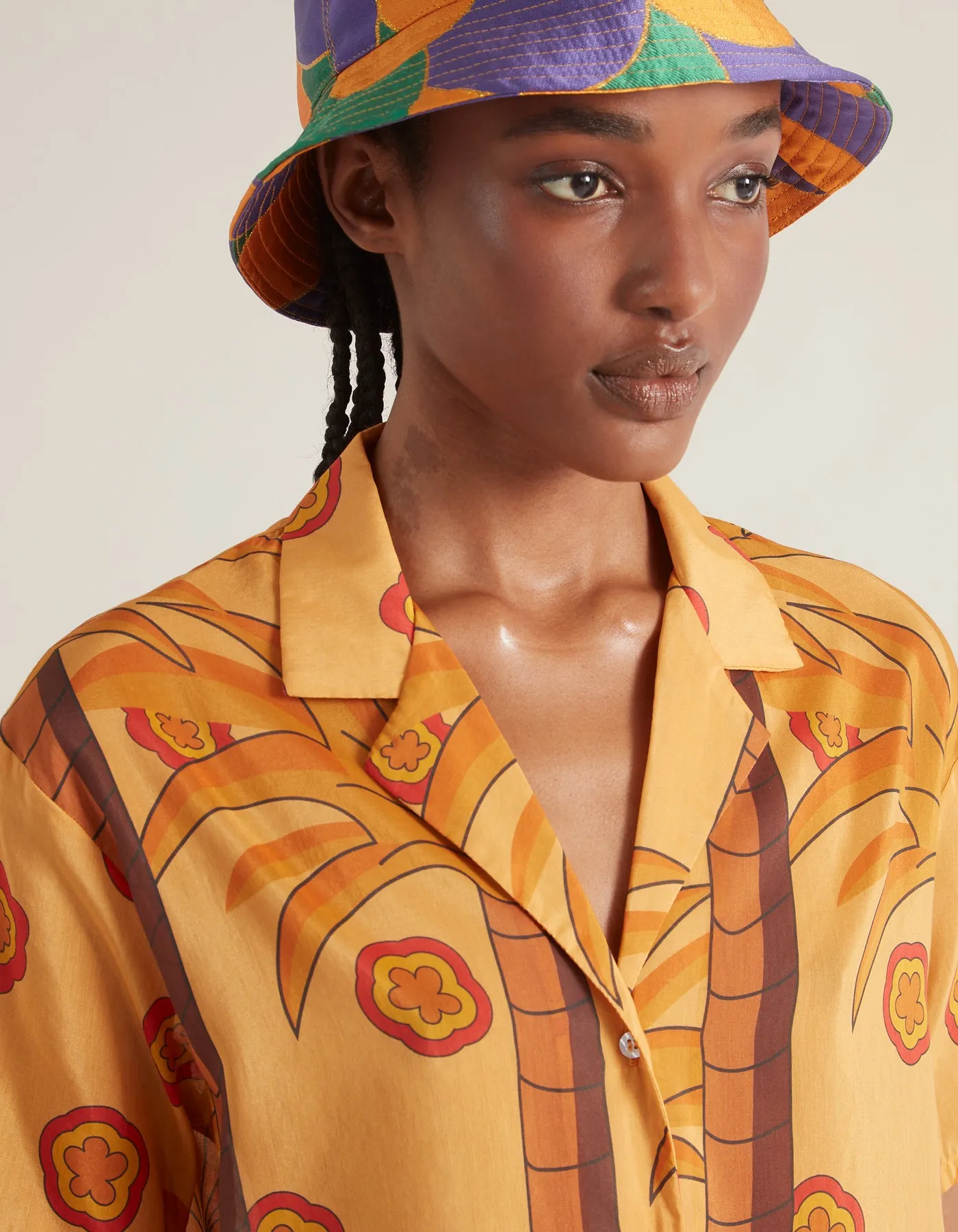 Luca Apricot Palm Print Silk Voile Shirt