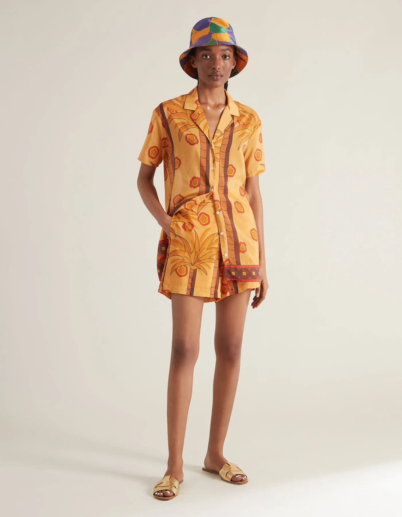 Luca Apricot Palm Print Silk Voile Shirt