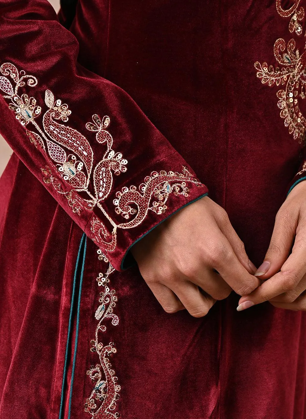 Maroon Velvet Kurta with Sequins Work