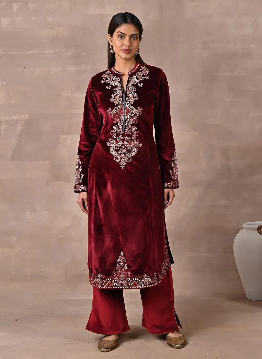 Maroon Velvet Kurta with Sequins Work