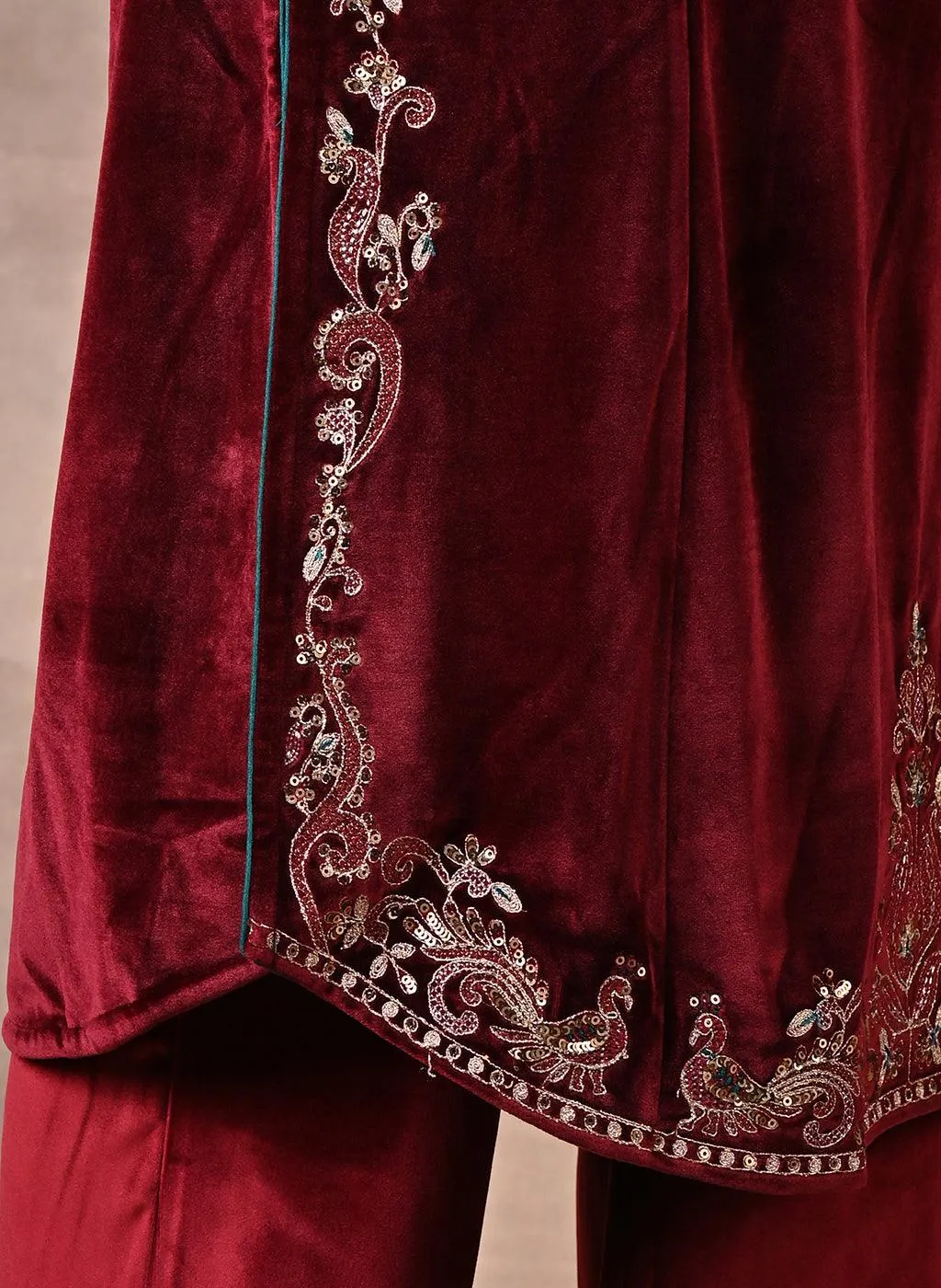 Maroon Velvet Kurta with Sequins Work