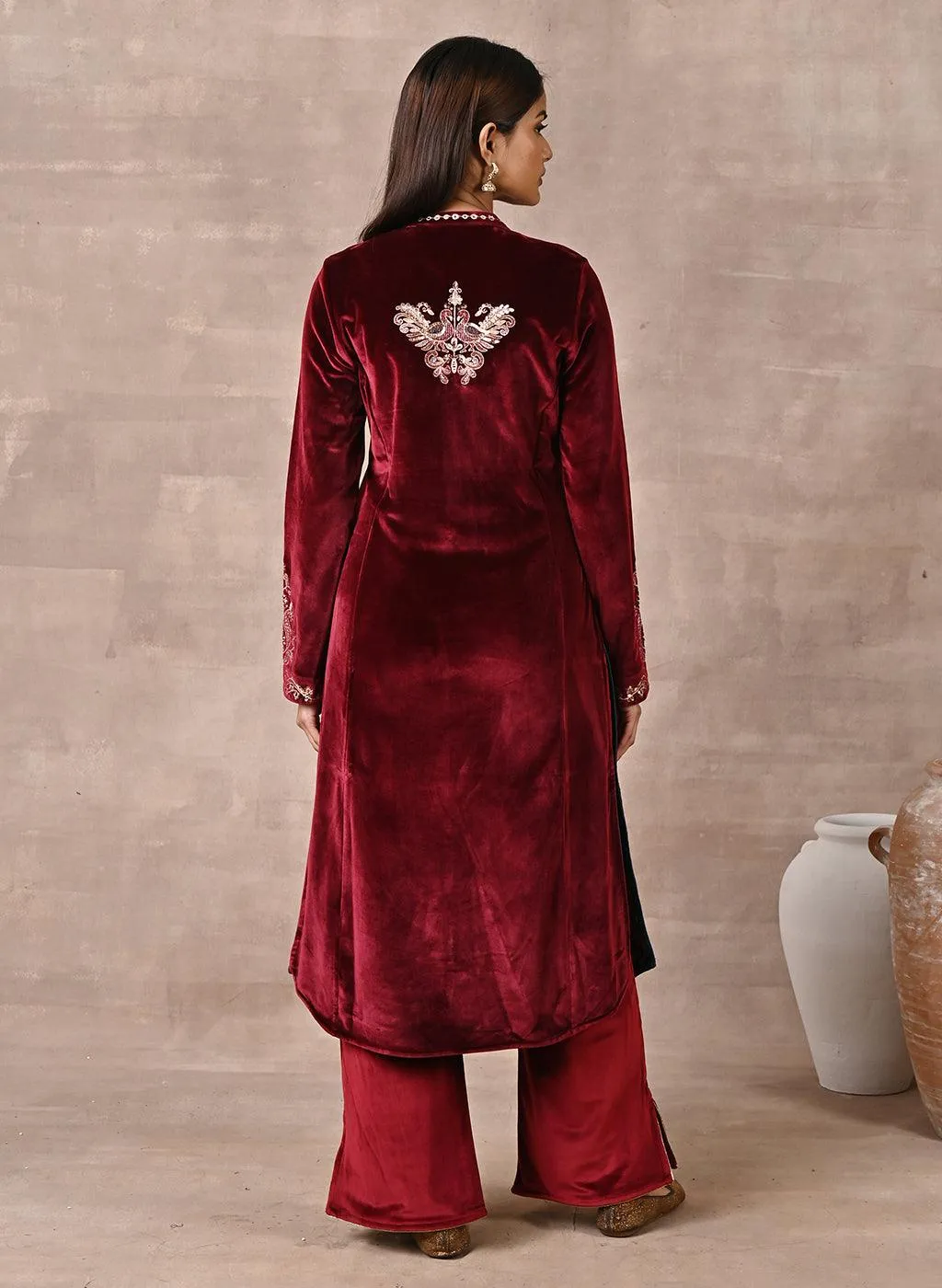 Maroon Velvet Kurta with Sequins Work