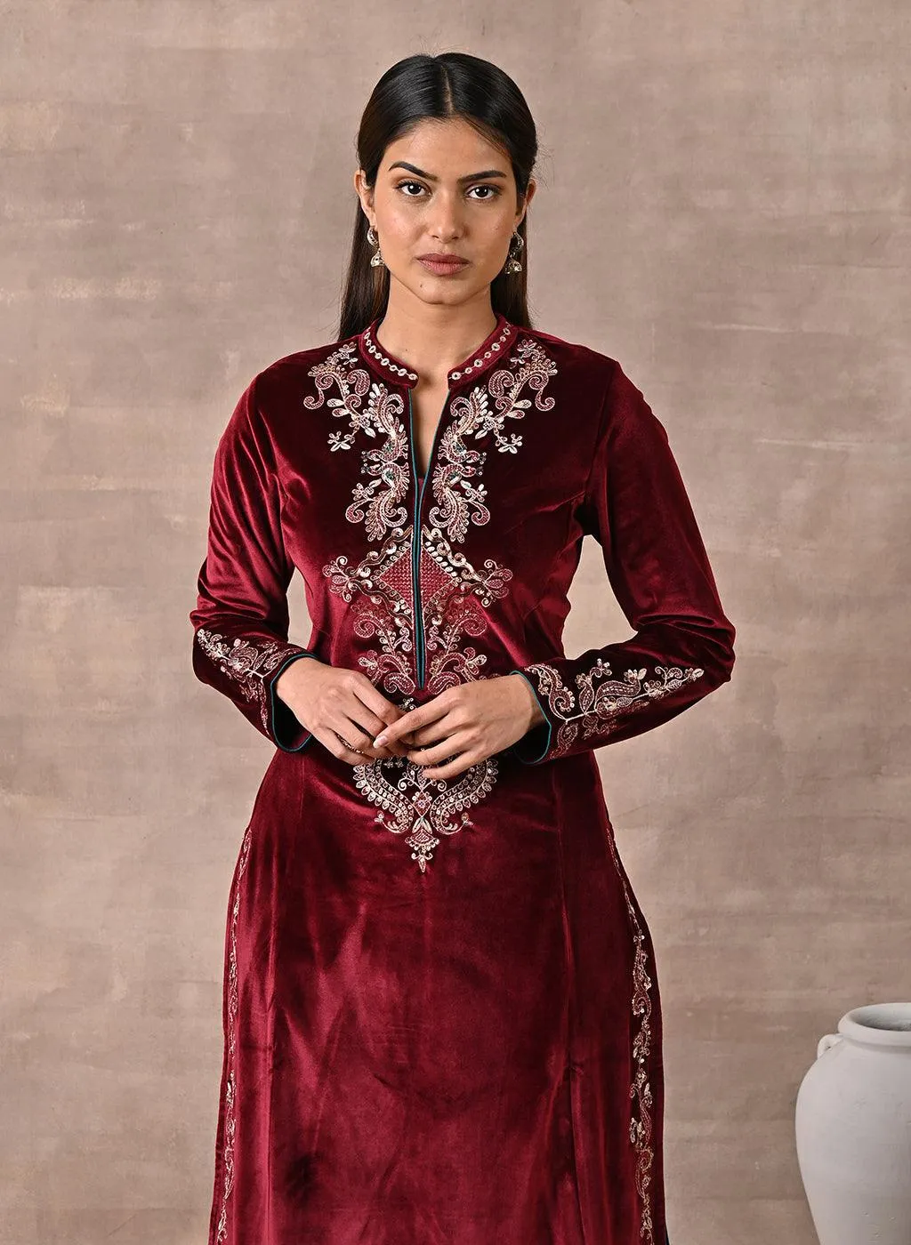 Maroon Velvet Kurta with Sequins Work