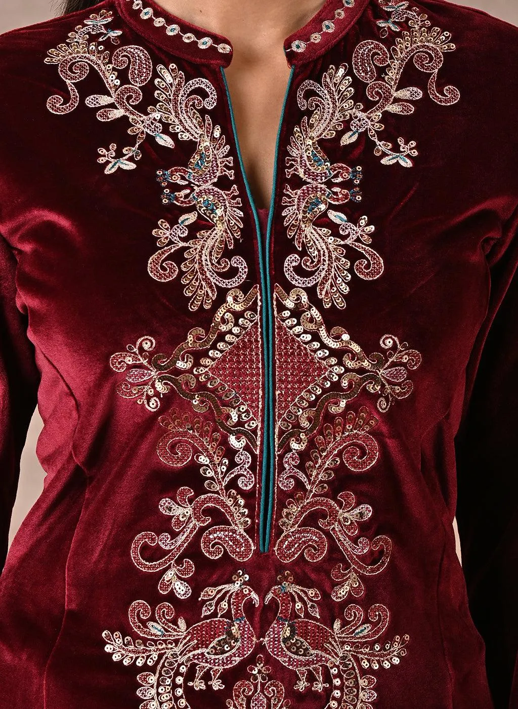 Maroon Velvet Kurta with Sequins Work