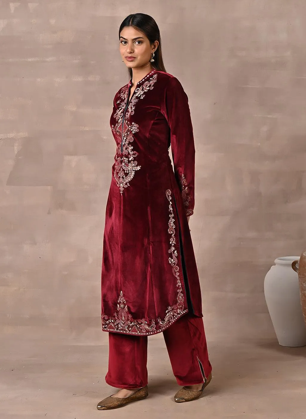 Maroon Velvet Kurta with Sequins Work