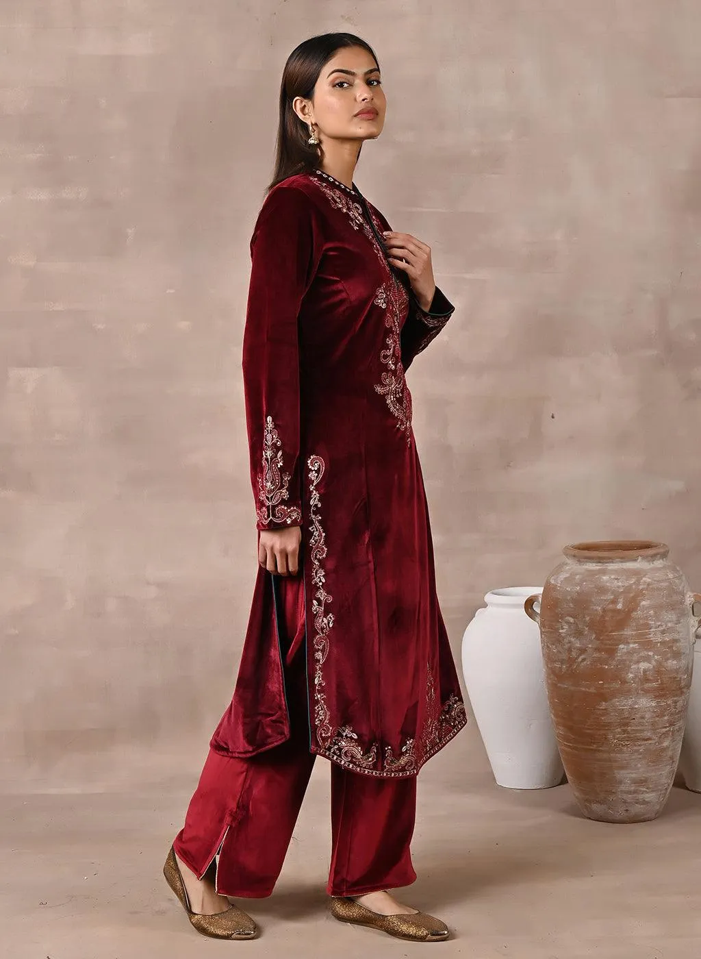 Maroon Velvet Kurta with Sequins Work