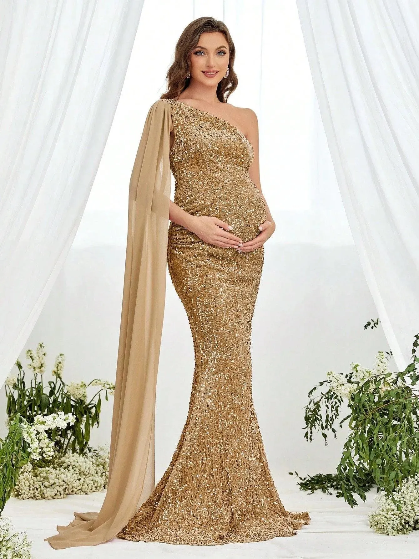 Maternity One Shoulder Draped Side Sequin Mermaid Dress