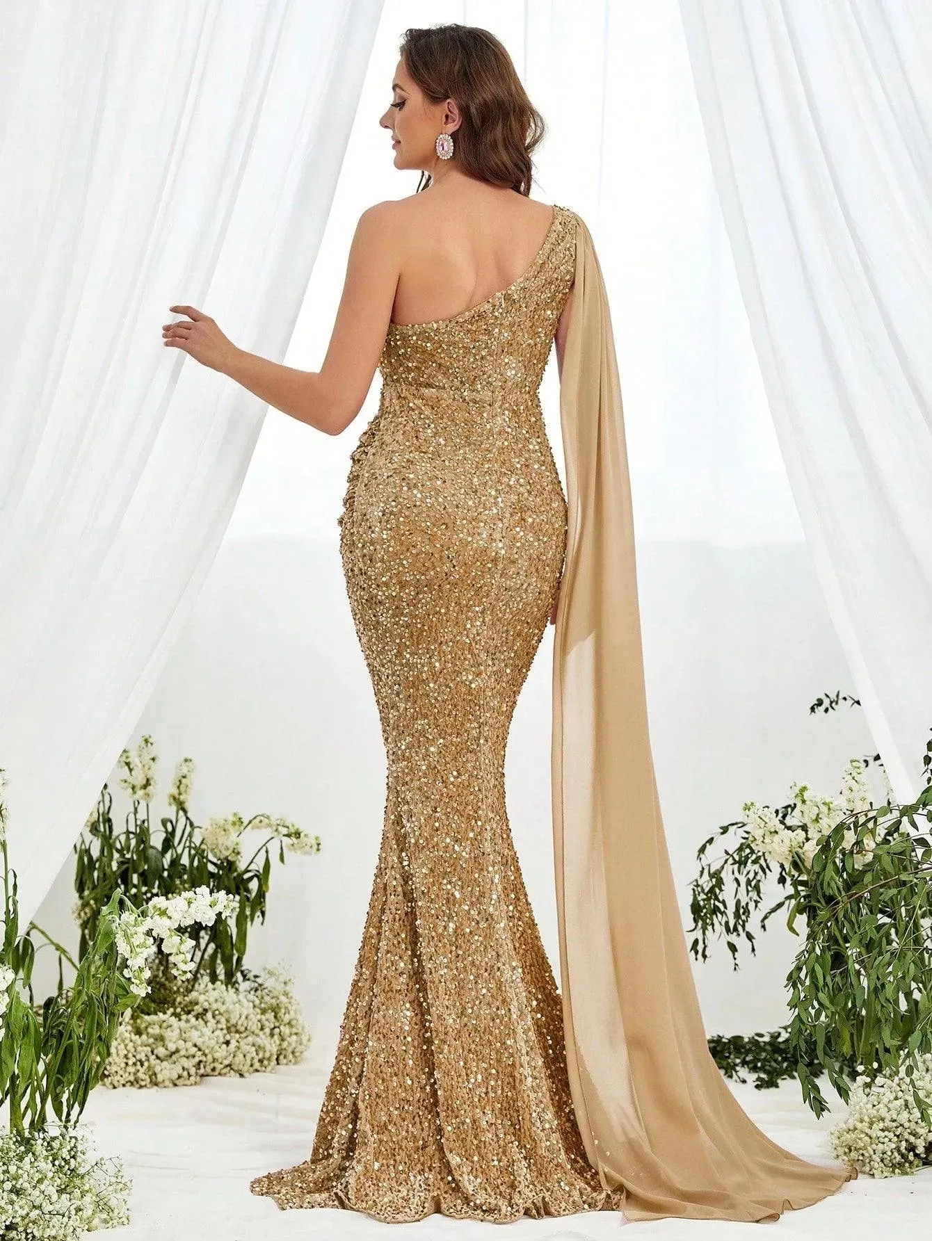 Maternity One Shoulder Draped Side Sequin Mermaid Dress