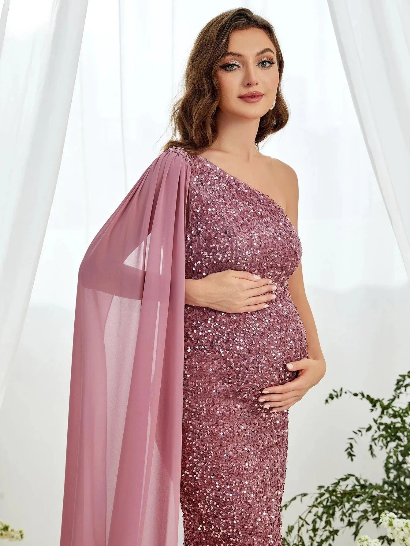 Maternity One Shoulder Draped Side Sequin Mermaid Dress